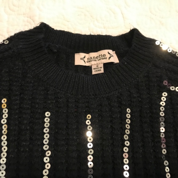 Chunky Nanette Lepore long sleeved black sweater with silver sequin stripes (S) - Picture 6 of 12